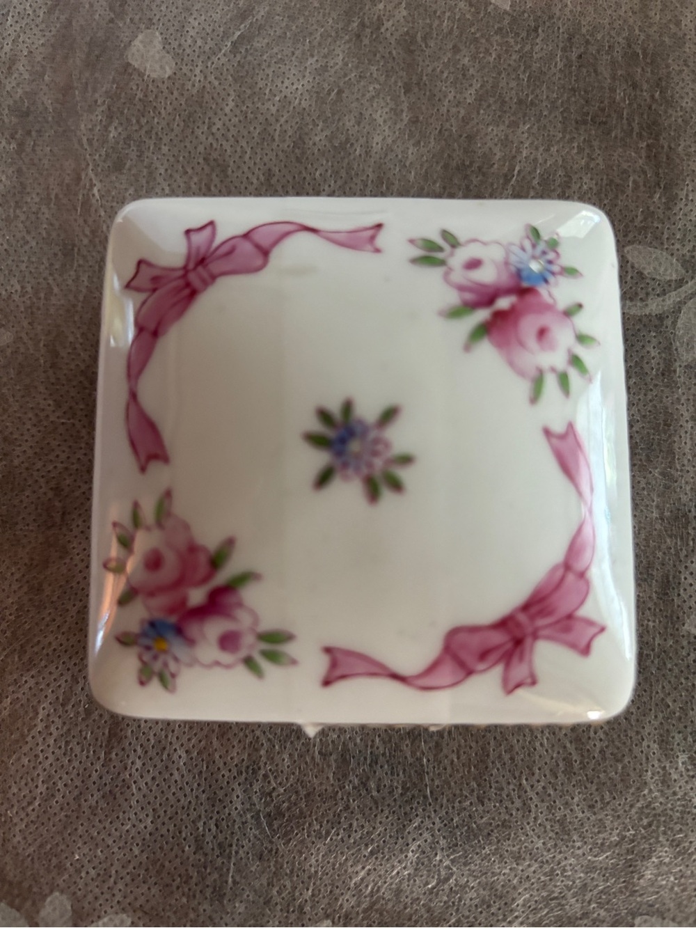 Porcelain vintage L. w. Rice Trinket Box with Pink Floral Ribbon Design